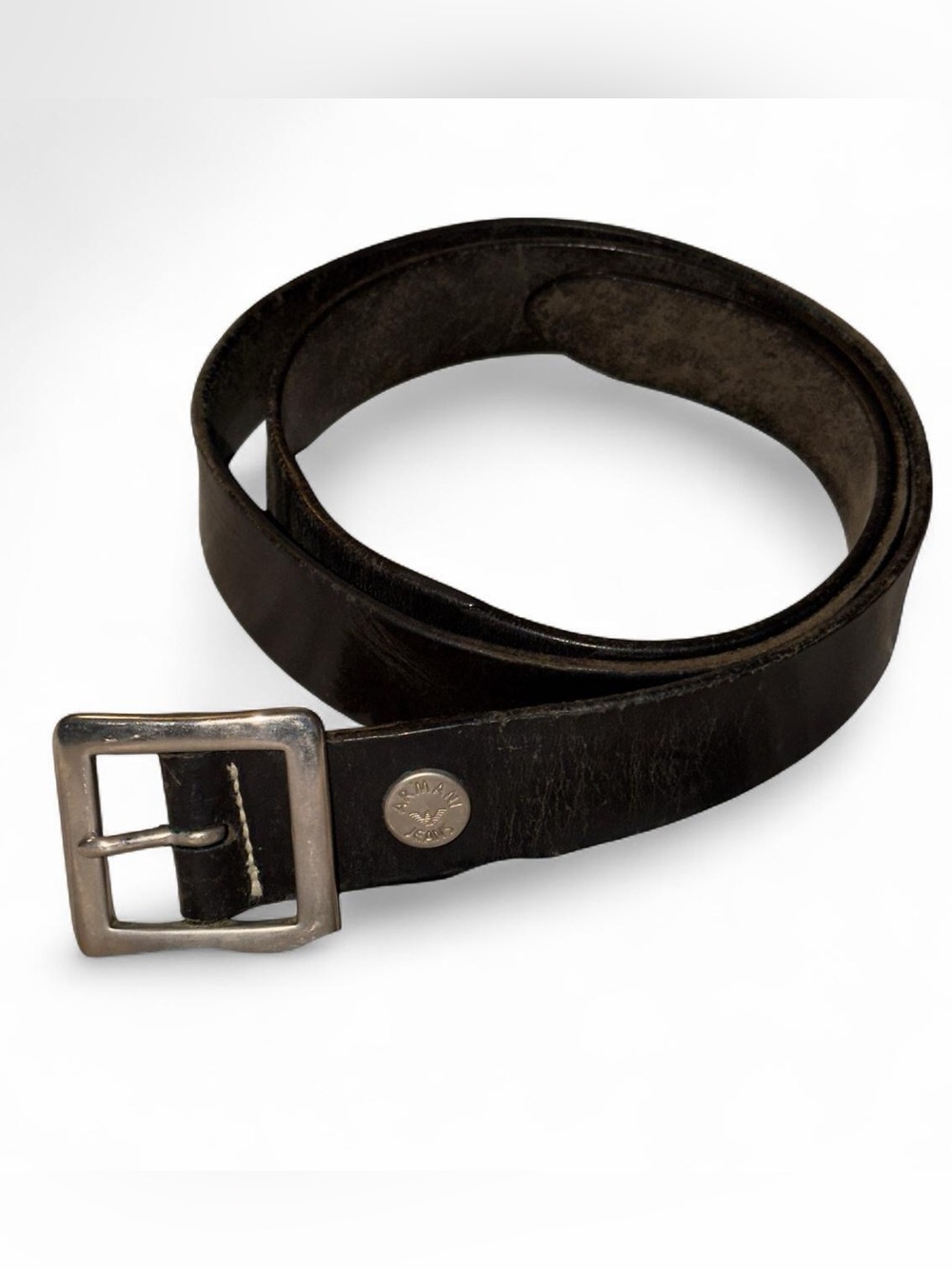 32-36 Vintage Armani Jeans black leather belt with silver buckle